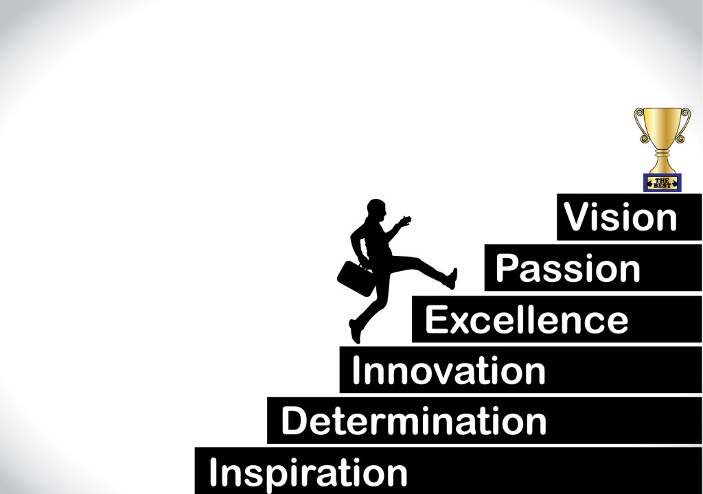 A professional businessman running up the stairs with the text inspiration determination innovation excellence passion vision with a bright white background - concept design vector illustration art